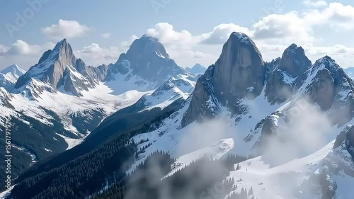 Majestic mountain peaks stand tall in a snowy winter wonderland, showcasing nature's rugged beauty and awe-inspiring scenery.