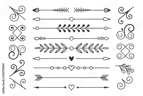 Black Vector Decorative Dividers Featuring Elegant Arrows, Curves, and Hand-Drawn Floral Ornaments. Vintage Borders for Invitations and Graphic Layouts.

