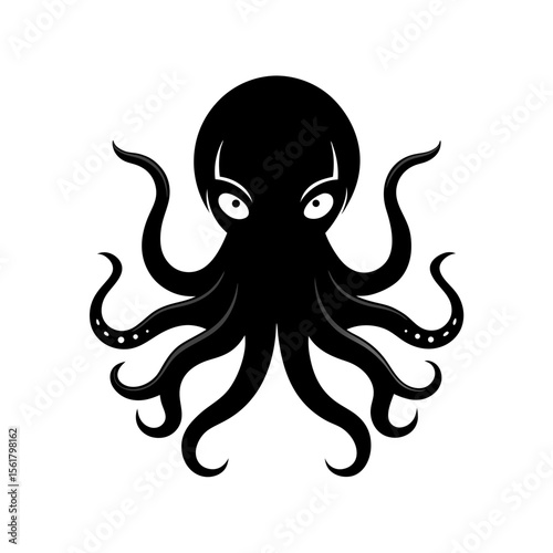 Ink style octopus head full black silhouette deep sea creature vector illustration