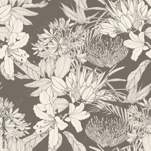 Seamless botanical floral pattern with umbrellas agapanthus and exotic flowers. Vector black and white illustration.