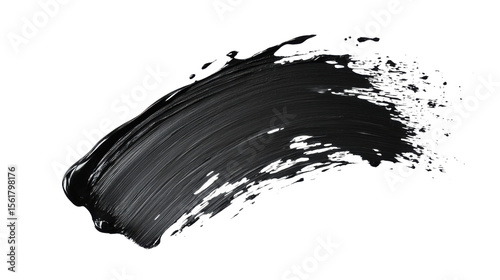 Thick black acrylic or oil paint brush stroke with textured bold artistic mark abstract expression isolated on white background
