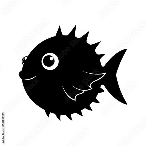 Puffer fish head full black silhouette spiky ocean animal vector illustration
