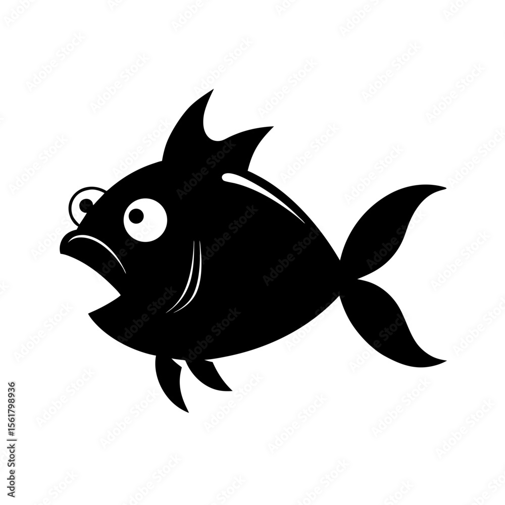 Fototapeta premium Surprised fish full black silhouette cartoon ocean expression vector illustration