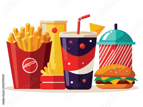 A delicious fast food meal with french fries a burger and drinks isolated on white background
