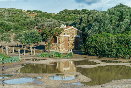 Rustic Stone Hut with Red Flowers Reflected in Puddles on Rural Terrain. Menorcan Landscape, Traditional Architecture, Green Foliage, Mediterranean Charm