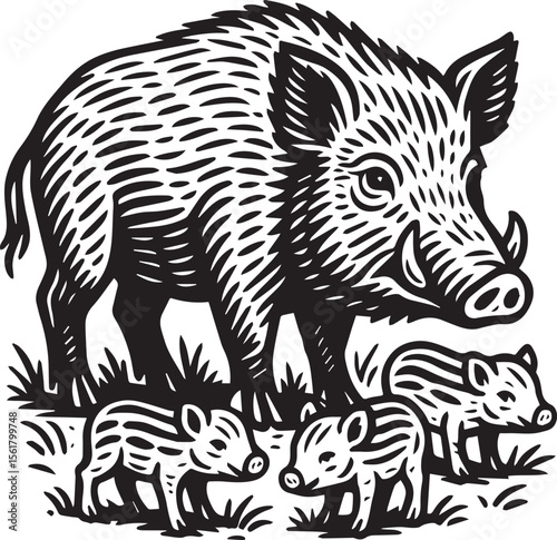Boar wild pig with cubs vector illustration