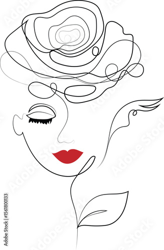 Elegant woman in a stylish hat, her beautiful face, hair, and lips illustrated with floral designs, showcasing glamour and artistic flair
