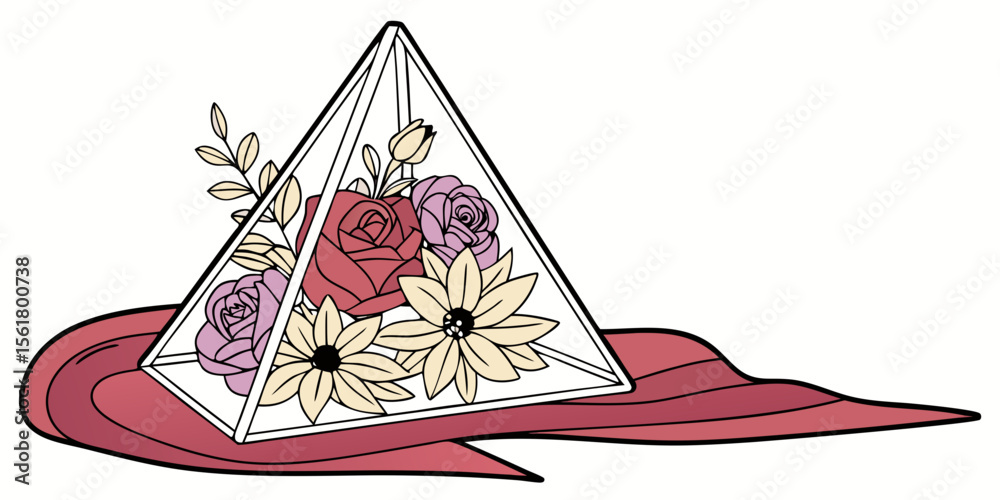 Elegant triangle-shaped glass vase with layered color full flowers on a red cloth in white background