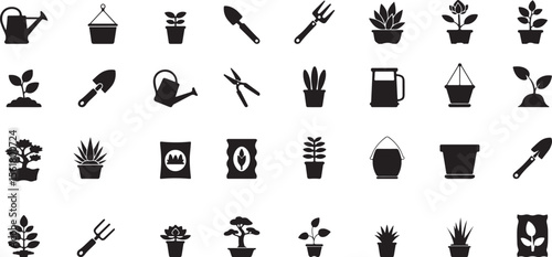 Garden tools plants pots watering can gardening