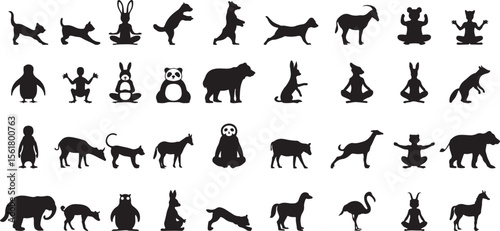 Diverse animal silhouettes in various poses yoga poses