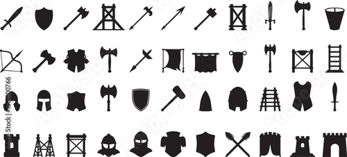 Medieval weapons shields armor and structures sword