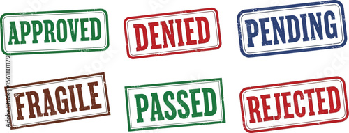 Approved denied pending fragile passed rejected rubber stamp vector status label document office concept