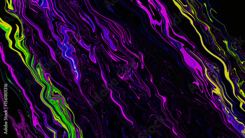 Grain neon green, purple pink blue, yellow liquid wave on black background. Innovation technology. Art trippy digital screen. Grunge Backdrop. Template. card. Wavy curve line. VR. Web page. Tech news