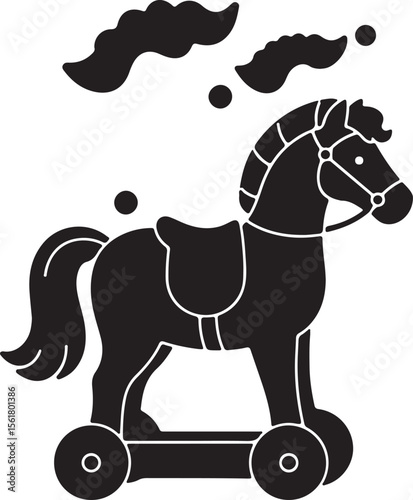 Traditional toy horse silhouette with removable parts like tail, mane, and saddle, isolated on white background, clean vector design Adobe Illustrator Artwork