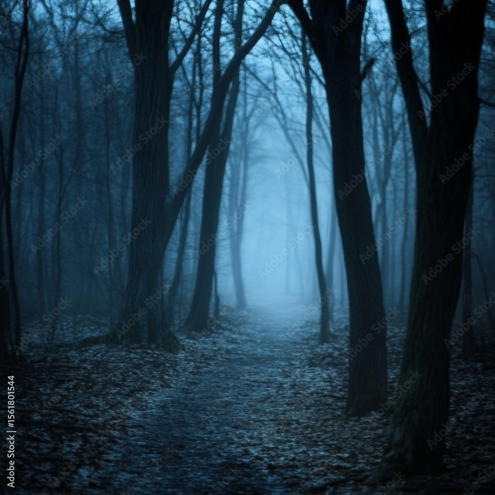 Obraz premium A Mysterious Pathway Through the Enchanted Forest Shrouded in Fog and Towering, Bare Trees