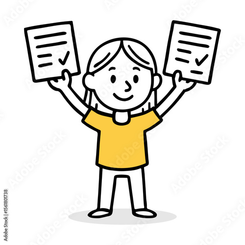 Happy Girl Child Holding Certificates. Joyful Kid in Yellow Shirt, Celebration Vector Illustration, Hand-Drawn Simple Doodle Line Art