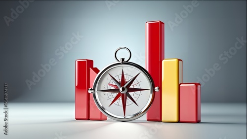 Compass rests before vibrant financial graph bars metaphorically charting course