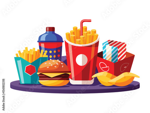 Delicious fast food meal with burger fries and drink isolated on white background
