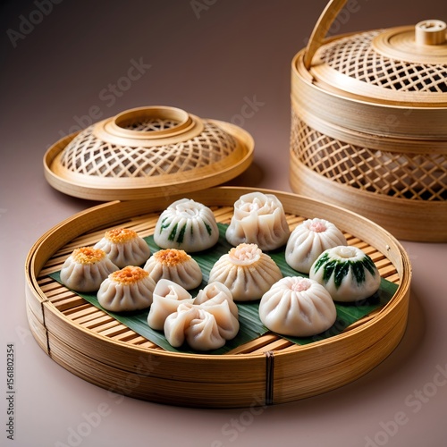 Dim sum assorted on traditional bamboo plate