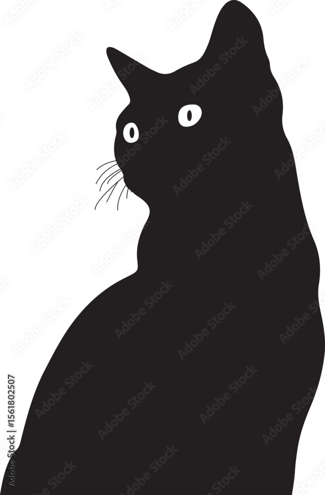 Obraz premium Silhouette of the Cat's Curiosity: A black cat, its silhouette stark against the background, turns its head with an air of focused intrigue. Its eye reflects an intense interest.