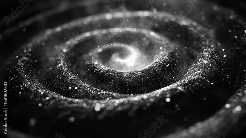 Mesmerizing spiral of charcoal dust with glittering particles. Abstract black and white vortex of shimmering specks.
