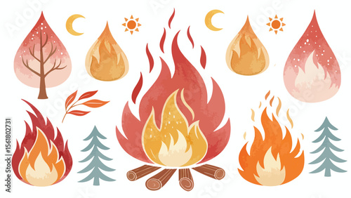 
"Watercolor Fire Elements Collection – Vector Flames, Campfire Silhouettes & Painted Bonfire Stains"