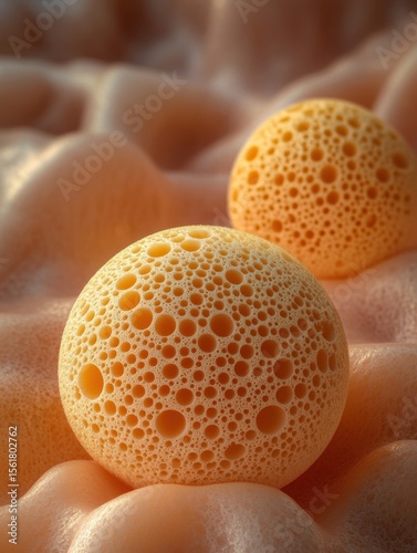 Two porous spherical structures resting on a textured surface are shown
