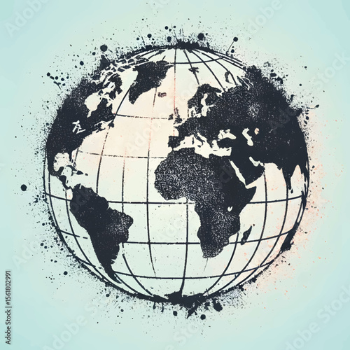 Stylized artwork of the Earth featuring continents and oceans in a black ink-style finish with artistic splashes. Background color offers contrast to emphasize the artistic.