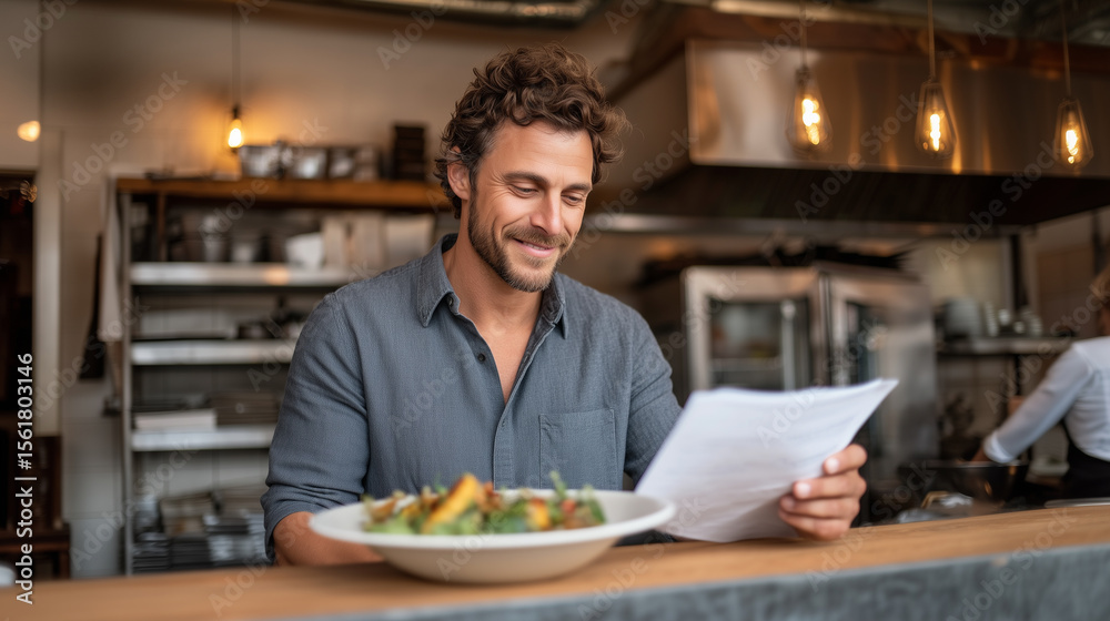 Fototapeta premium Professional restaurant owner reviewing menu with healthy food dish in modern dining establishment