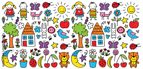 Kid crayon hand drawn background. Children school pencil bg. Cute summer flower, cloud, house, rainbow sun child icon. Vector kid sketch illustration. Cute crayon children pattern. Color pencil doodle