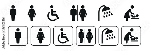 Set of public restroom and facility icons including male, female, unisex, accessible, baby changing station, and shower symbols. Sanitär Symbole, WC Symbole, signs, icons