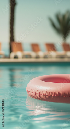 Relaxing summer afternoon by the pool with a pink floatie and comfortable lounge chairs nearby