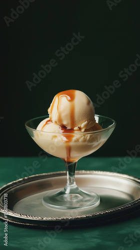 Vanilla ice cream with caramel sauce served in a glass bowl on a silver tray against a dark background