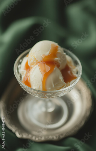 Indulgent ice cream dessert topped with sweet caramel sauce served elegantly in a glass bowl
