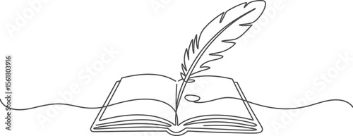 Elegant One Line Drawing of an Open Book with a Quill Pen Symbolizing Writing Literature Education and Creativity Perfect for Logos Branding and Creative Projects