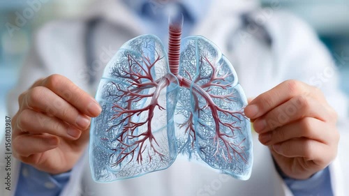 Doctor in white coat holds transparent lung model, illustrating the respiratory system and health. Used to explain, teach and educate about human pulmonology.