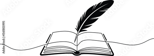 Minimalist Illustration of an Open Book with a Quill Pen Depicting Writing Literature and Knowledge in a Simple Black and White Design Perfect for Education