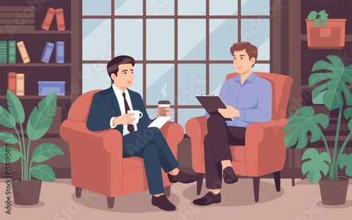 Two men sitting in armchairs in a room with a bookcase and plants and one holding a clipboard and pen