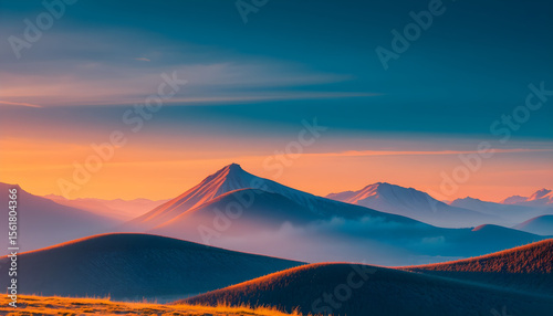 Scenic vista reveals majestic mountains bathed in the golden hues of a breathtaking sunrise, displaying a peaceful landscape.
