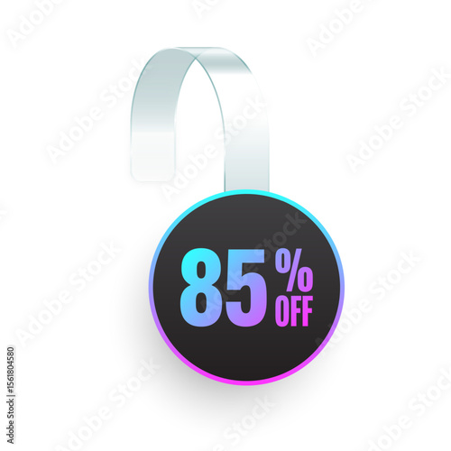 Supermarket promotional wobblers. Realistic white wobbler template for shelf advertising, 85 percent off discount. Sale label with ad text. Special offer price tag. Vector illustration