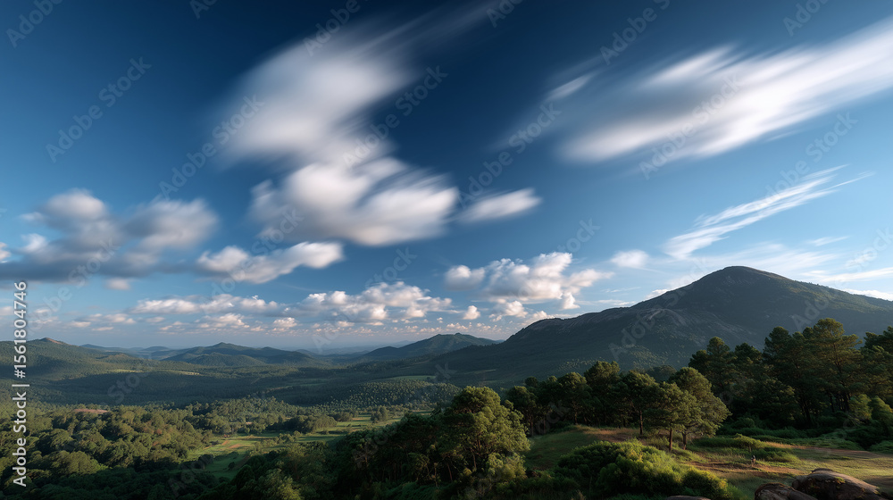 Naklejka premium Mountain cloud drift with ambient lighting and clean text space.