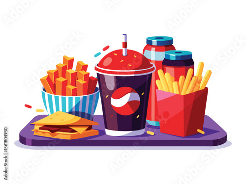 Delicious fast food combo meal with sandwich fries and soda isolated on white background
