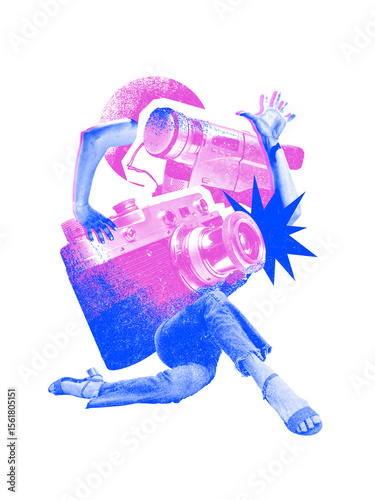 Abstract collage showing human limbs merged with cameras in motion. Concept of creative industry, surreal teamwork and artistic collaboration