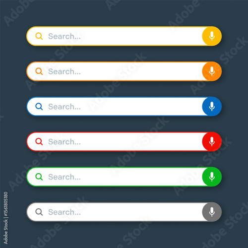 Various search bar templates. Internet browser engine with search box, address bar and text field. UI design, website interface element with web icons and push button. Vector illustration