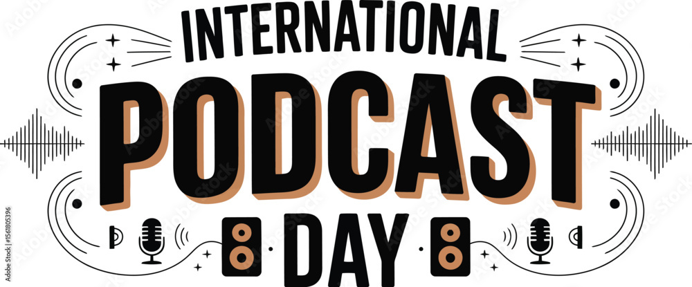 Obraz premium International Podcast Day Celebration Graphic with Retro Design Elements Featuring Microphones Speakers and Sound Waves on a Clean White Background for a Modern and Festive