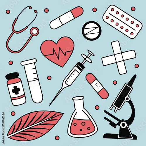 Medical illustration healthcare symbols and tools vector graphic