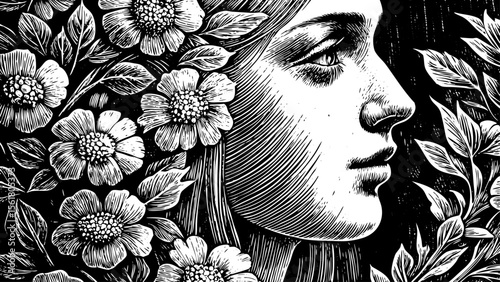 female face seamlessly merging with blooming flowers, perfect for editorial covers, mental‑health campaigns, gallery prints, boho tattoos and fashion graphics, a black and white line art