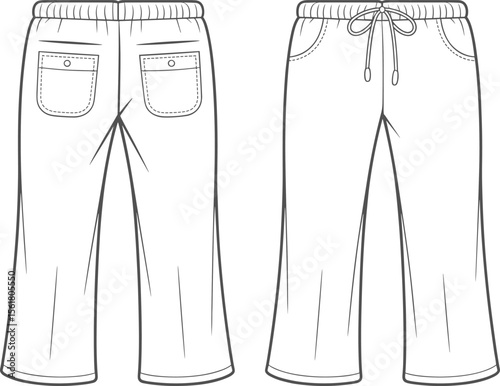 Jogger Pants Technical Flat CAD Drawing Vector Template Featuring Elastic Waistband Drawstring Front Pockets Back Patch Pockets Fashion Design Sketch
