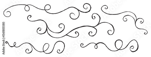 Christmas swirly vector ornaments drawn in pastel wax on chalkboard like by children. Cute doodle style with charcoal squiggle, perfect for school and kindergarten themes. Winter black sketch elements