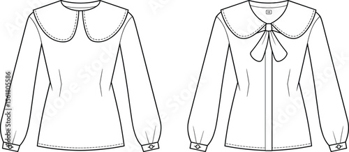 Long Sleeve Blouse Fashion Flat CAD Drawing Vector Template With Large Peter Pan Collar Bow Tie Front Buttoned Cuff Design Sketch